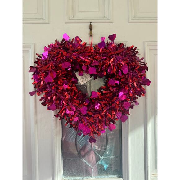 14” Red & Magenta Pink Tinsel Heart Valentines Day Wreath Door Hanger Wall Decor - Picture 1 of 6